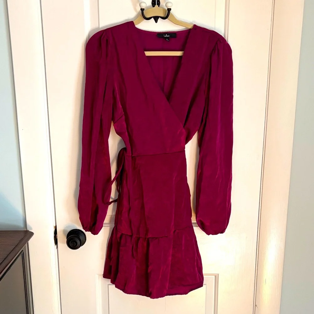 Lulu's Fuchsia Long Sleeve Wrap Dress - Picture 6 of 9